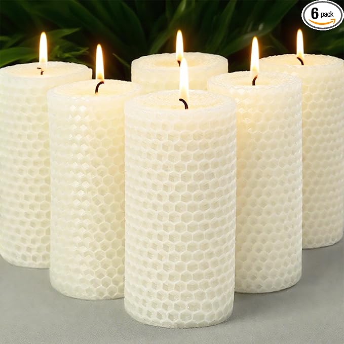 6 Packs White Beeswax Candles, Hand-Rolled Beeswax Pillar Candles, Smokeless & Unscented,Ivory Handmade Honeycomb Candle for Home Gift Ideas, Candle Lovers, Home Decor, 2" x 4"