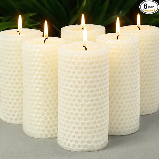 6 Packs White Beeswax Candles, Hand-Rolled Beeswax Pillar Candles, Smokeless & Unscented,Ivory Handmade Honeycomb Candle for Home Gift Ideas, Candle Lovers, Home Decor, 2" x 4"