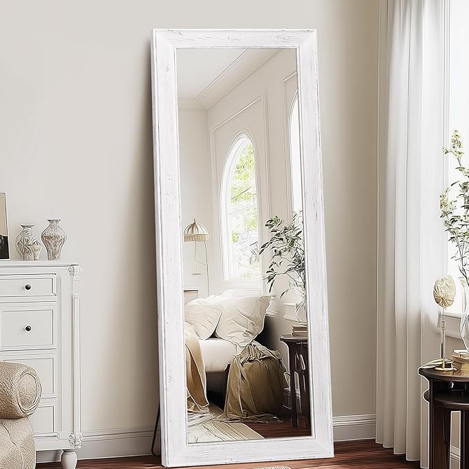 Full Length Mirror 65"x24" - Beveled Edge Rustic White Dressing Mirror, Solid Wood Frame, Wall Mounted or Standing for Bedroom, Entryway, Living Room