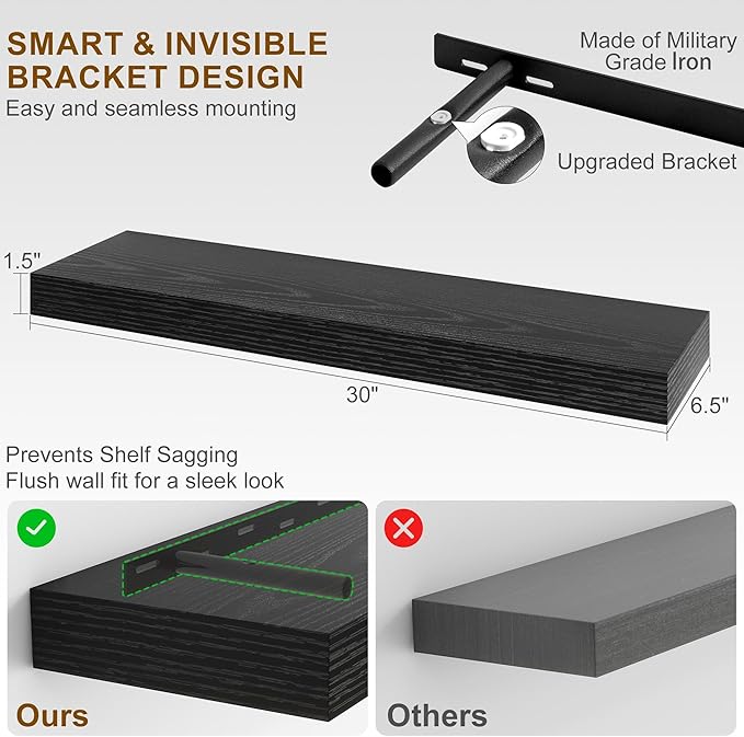 Fun Memories 30Inch Floating Shelves for Wall, 2 Pack Rustic Wood Shelves for Bathroom|Kitchen Wall Mounted Floating Shelf with Invisible Brackets for Books|Storage|Decor,Black