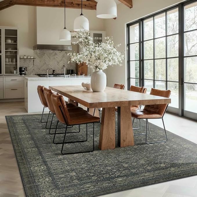 Vintage Area Rugs 5x7, Washable Rugs for Living Room, Green Boho Floral Rug for Office, Dining Room and Farmhouse, Durable Low Pile Non-Slip Area Rug for High Traffic Areas(Moss Brown)