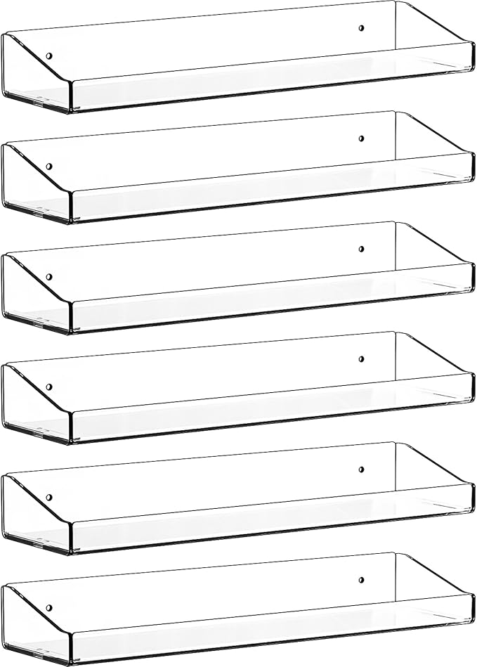 Yieach Clear Acrylic Shelves for Wall with Adhesive,6 PCS 15" No Drill Floating Shelves for Bedroom,Bathroom,Wall Display Shelf for Funko Pop,Lego,Collectibles,Action Figures,Nail Polish,Perfume Shelf