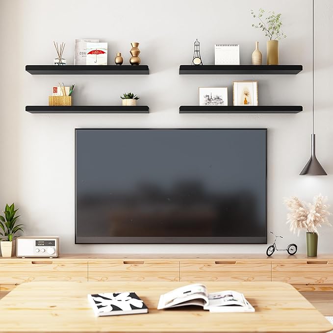 Love-KANKEI Black Long Floating Shelves for Wall 24 Inch Set of 4, Rustic Wall Shelves with Lip,Wood Hanging Shelves for Bedroom Bathroom Living Room Kitchen Nursery Display
