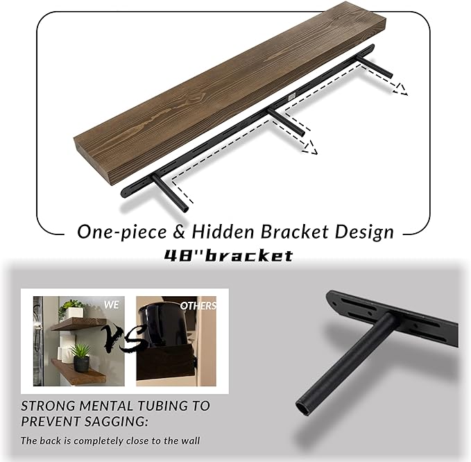 48 Inch Floating Shelves,8-Inch Deep High-End Solid Wood Floating Shelves for wall Set of 2,Rustic Walnut Wall Shelves for Bedroom Kitchen&Living Room,Sturdy Hidden Bracket,48x8x2,Walnut Finish