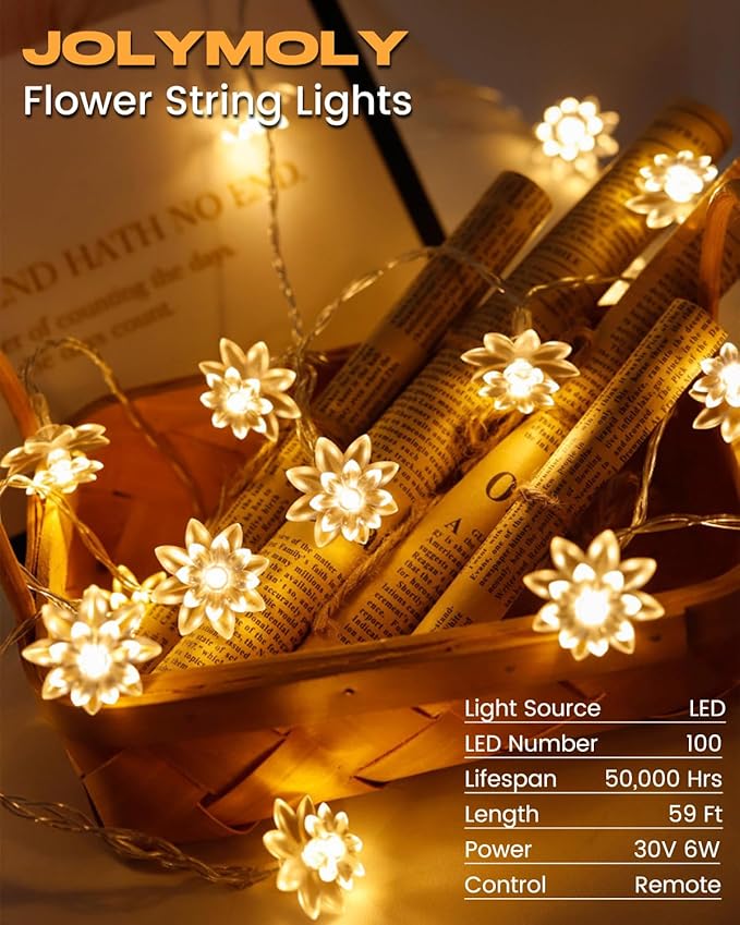 JOLYMOLY 59 Ft 100 LED Flower Fairy Lights with Remote Timer, Plug in Connectable Twinkle Lights with Soft Flowers for Bedroom Wedding Dorm Indoor Outdoor Decor, Warm White