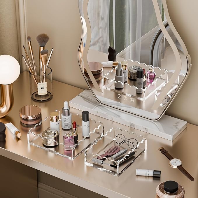 Scalloped Acrylic Tray 2 Pack, Clear Acrylic Decorative Tray for Vanity Jewelry Display, Countertop Organizer Tray for Perfume Makeup, 7 x 5 Inch 8 x 8 Inch Acrylic Organizer for Bathroom Home Decor