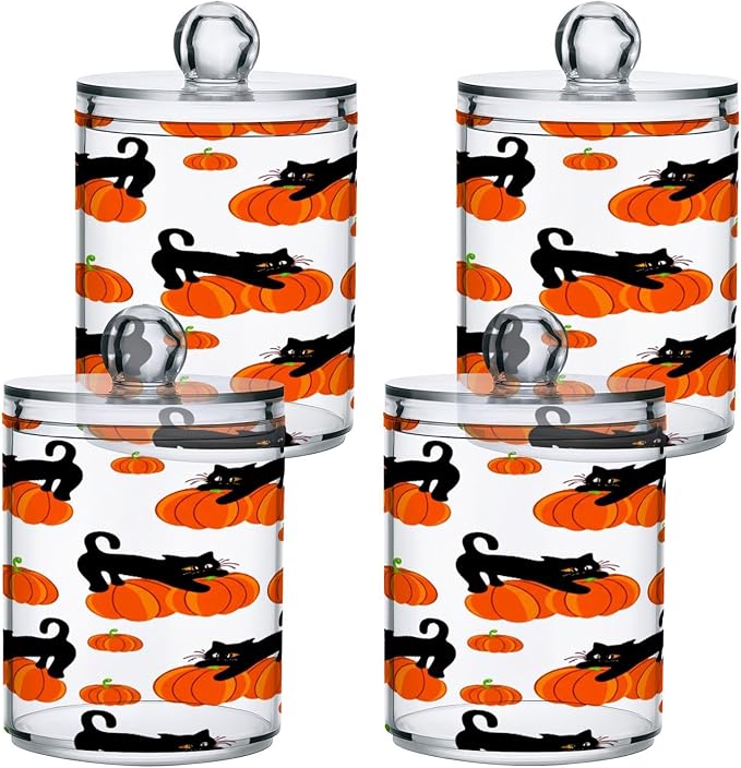 Nander 4Pack Halloween Pumpkin and Black Cat Qtip Holder Dispenser -Clear Plastic Apothecary Jars Set - Restroom Bathroom Makeup Organizers Containers for Cotton Swab, Ball, Pads, Floss