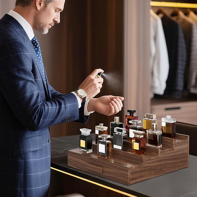 Solid Walnut Cologne Organizer for Men,Cologne Stand,4 Tier Wooden Cologne Holder Shelf Display,Perfume Stand Organizer with Drawer Storage and Hidden Compartment,Gift for Men Dad Husband