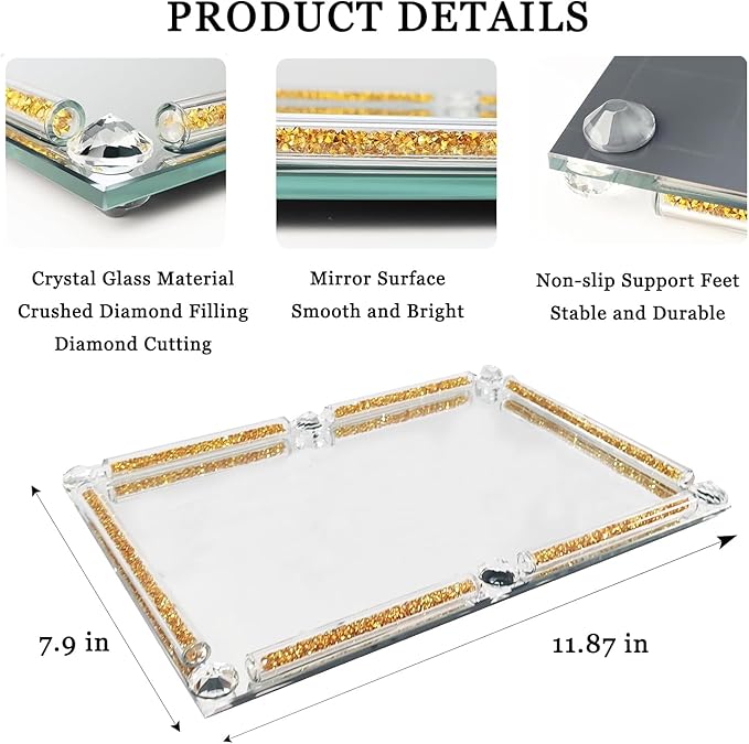 Gold Glass Tray, 11.8" x 7.9" Decorative Crystal Glass Cosmetic Perfume Display Tray for Gorgeous Dresser Countertop,Noble Jewelry Organizer with Diamond for Home Decor,Banquet Party