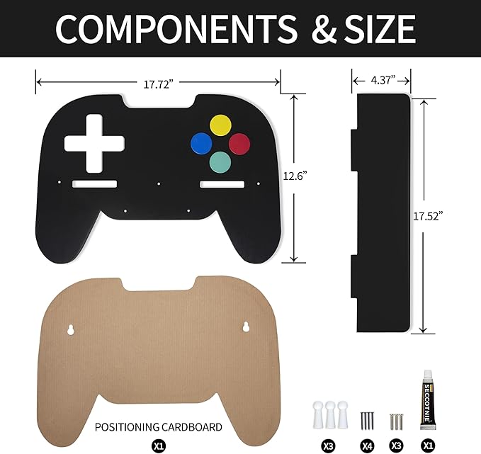Game Room Decor Gaming Floating Shelf for Wall - Retro Controller Shaped Wooden Display Rack with Hooks for Controllers and Headphones, Black, Gaming Room Organizer for Boys and Teens