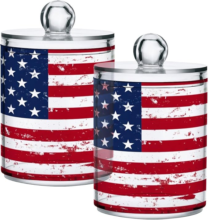Nander 4Pack Retro American Flag Qtip Holder Dispenser -Clear Plastic Apothecary Jars Set - Restroom Bathroom Makeup Organizers Containers for Cotton Swab, Ball, Pads, Floss
