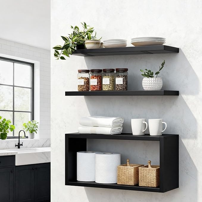 Wall Mounted Floating Shelf, c Long for Bedroom Living Room Kitchen Staircase Bathroom Above Toilet Wall Decoration Book Storage Room Recoration (3piece Set) Black