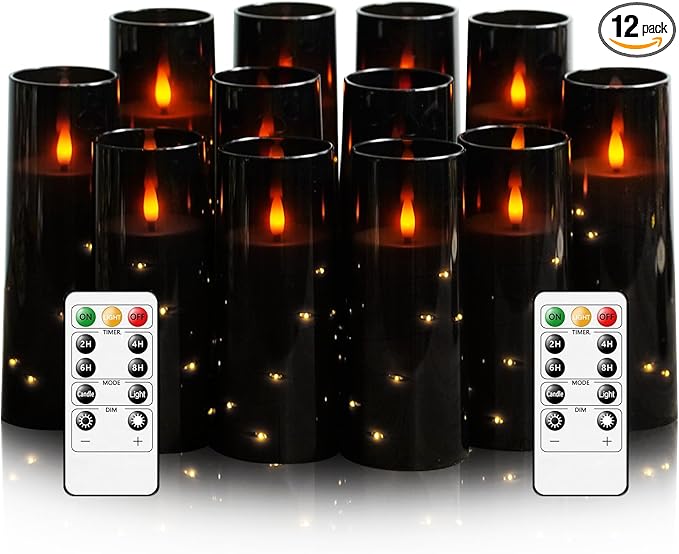 Sasigeiaa Flameless Candles with Embedded Star String - Battery Operated LED Candles, with Remote,12 Black Flickering Candles for Christmas, Weddings, Home Decor & Party,(D 2.3"×H 5" 6" 7")