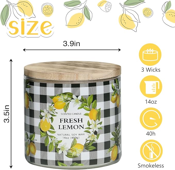 Lemon Candle, Fresh Lemon Scented Candle, Large 3 Wicks Candle, 14 oz