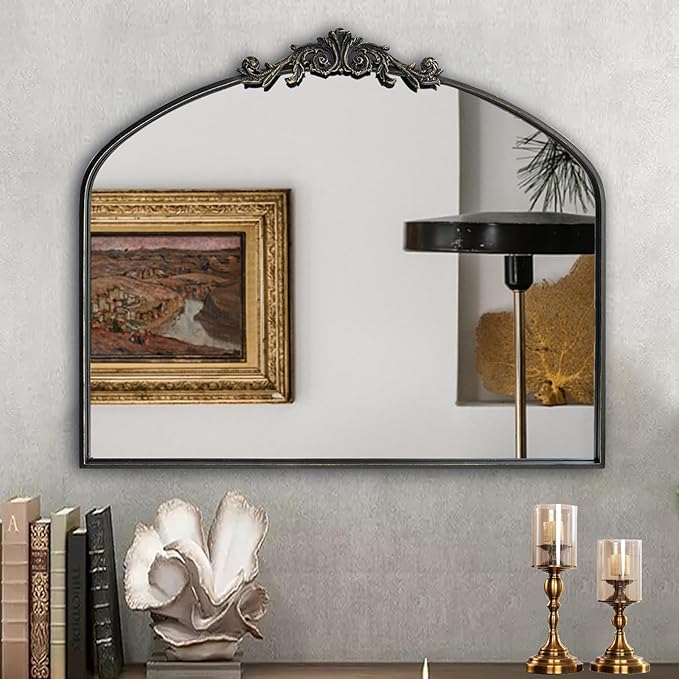 HQiJun Black Vintage Wall Mirror Window Decorative Traditional Mirrors Antique Arched Farmhouse for Living Room Bedroom Entryway Bathroom Vanity (29 * 36 * 1.2,Black)