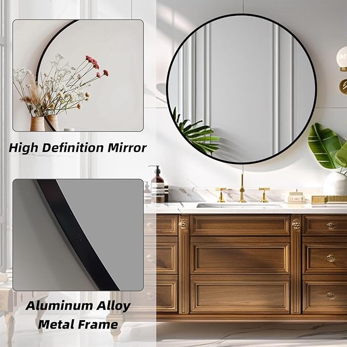 Black Round Mirror, 28 Inch Black Circle Mirror, Metal Frame Round Wall Mounted Mirrors for Bathroom, Living Room, Bedroom, Entryway, Vanity