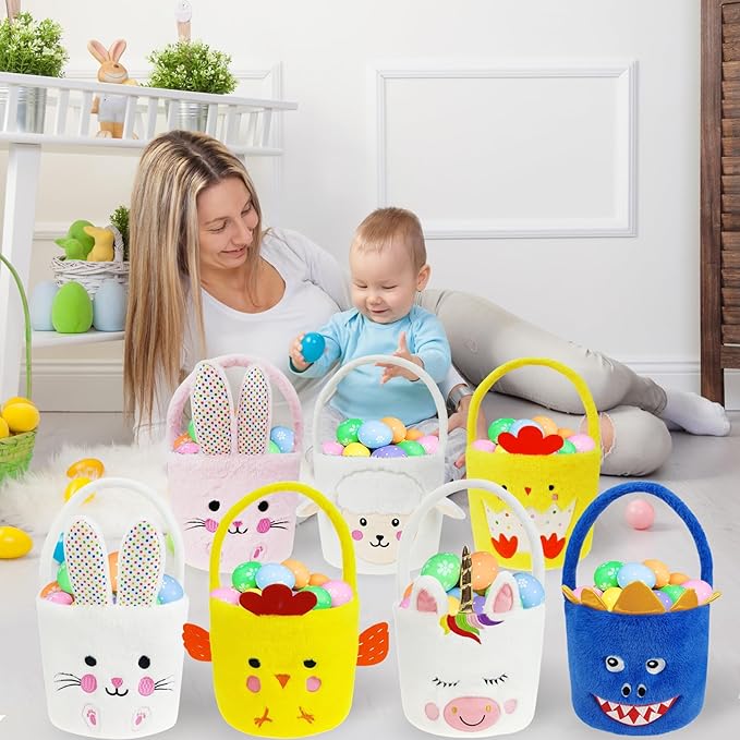 DearSun 2 Pcs Easter Basket Dinosaur & Unicorn Plush Baskets, Easter Egg Hunting Basket for Kids Gifts Party Decoration Supplies, Dia 8" * H 15.7"
