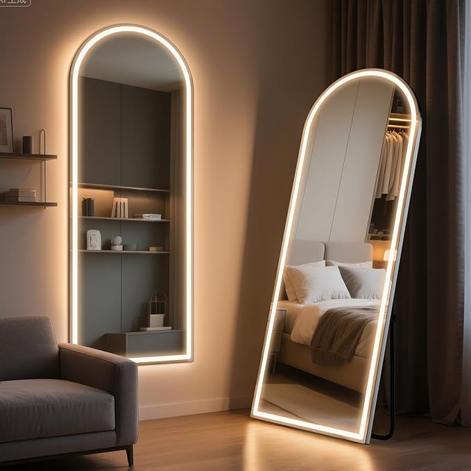 71" x 26" Arched Full Length Mirror with LED Lights, Floor Mirror with Stand, Wall Mirrors Full Length, Body Floor Mirrors, Wall Mounted for Bedroom, Dimmable, Tempered Glass
