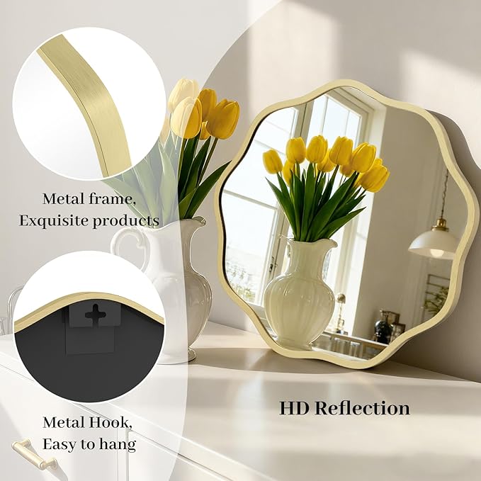HOMECOOKIN 20 Inch Wavy Round Wall Mirror, Round Wavy Wall Mirror with Aluminum Frame for Bathroom Upgrades, Hotels, Dressing Tables,Farmhouses