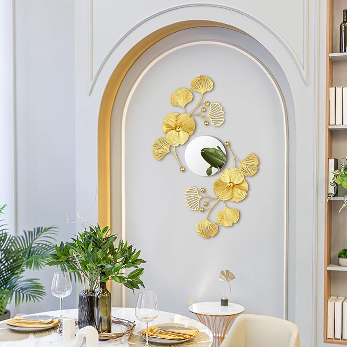 Tandefio 3 Pcs Metal Decorative Wall Mirrors for Living Room Metal Ginkgo Leaf Mirror Modern Creative Wall Decor Art Hanging Decor Mirror for Entrance Bedroom Living Room(Gold,16.inches)