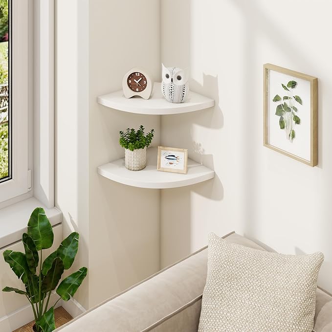 Fun Memories Corner Shelf Wall Mount Set of 2 - Solid Oak Wood Floating Corner Shelf with Cable Hole, 10in Rustic Design for Bedroom, Living Room, Kitchen (White)