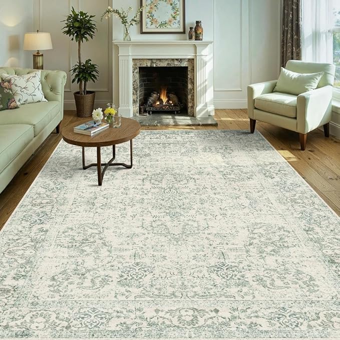 Rugxara 6x9 Washable Area Rug for Living Room, Vintage Large Boho Rugs for Office, Dining Room, Kids Room, Farmhouse, Durable Low Pile Non Slip Carpet for High Traffic Areas, Light Green
