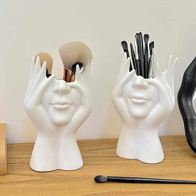 Women's Head Shape Boho Feminist Decoration Body Vase Head Vase Vintage Makeup Brush Holder Boho Makeup Organizer Rotating Makeup Organizer Idealized for Home Decor (white)