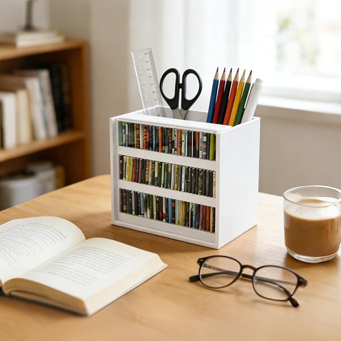 White Anxiety Bookshelf with 100 Mini Books, Shaking Miniature Library for Stress Relief, Aesthetic Bookmark Holder & Pencil Organizer, Tiny Book Shelf Ornament, Gifts for Book Lovers Decor