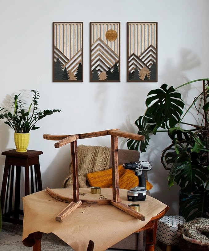 Putuo Decor Boho Mountain Wall Art Set of 3, Rustic Wooden Wall Decor, Nature-Inspired Geometric Artwork, Mid-Century Modern Aesthetic for Living Room, Bedroom, Office Brown 16.5 x 8.6 inch