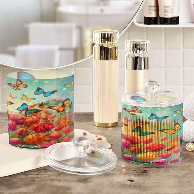 Flower Floral Butterfly Jars with Lids Bathroom Canisters Decorative Jars Laundry Container Cotton Swab Dispenser for Home Decor Makeup Storage Countertop Organizer