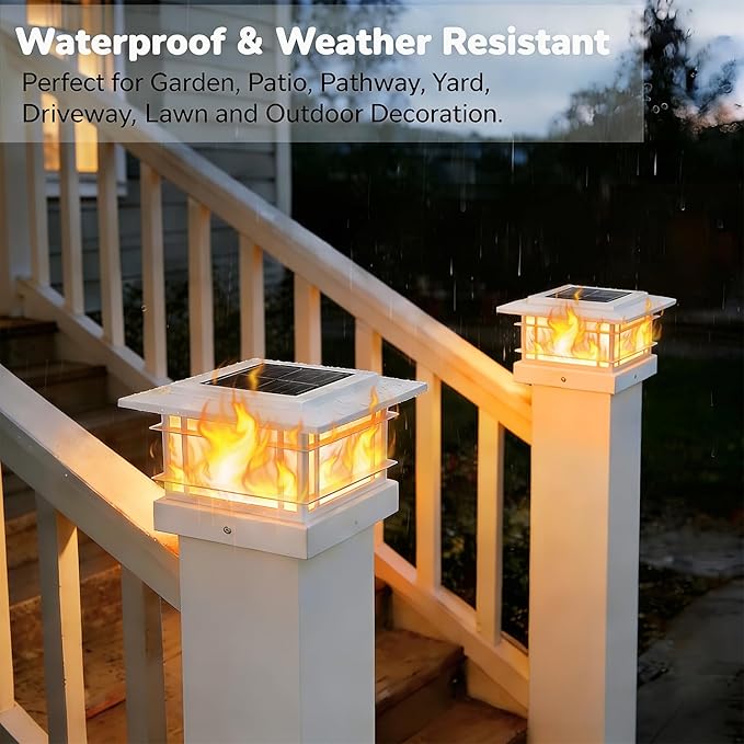Dynaming 4x4 Solar Post Cap Lights Outdoor with Flickering Flame Light, White Shell Fence Post Solar Lights Fit Vinyl/Wooden Posts, Brightness LED Lighting Decor for Garden Deck Patio, 12 Pack