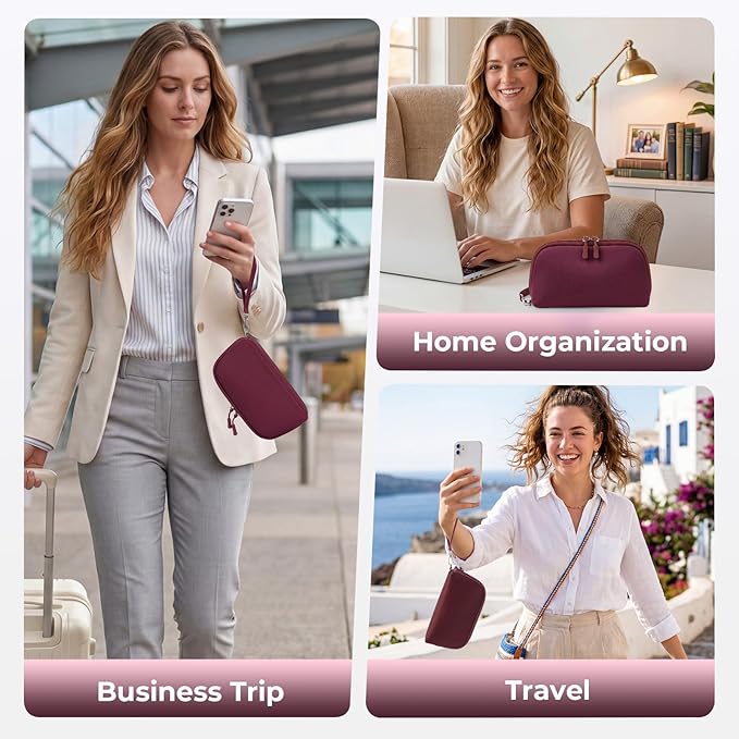 FYY Travel Cable Organizer - 8 Compartments Lightweight Water Resistant Tech Pouch with Wrist Strap, Electronic Accessories Case for Cord Charger Storage for Travel Home Office, Wine Red (Small)