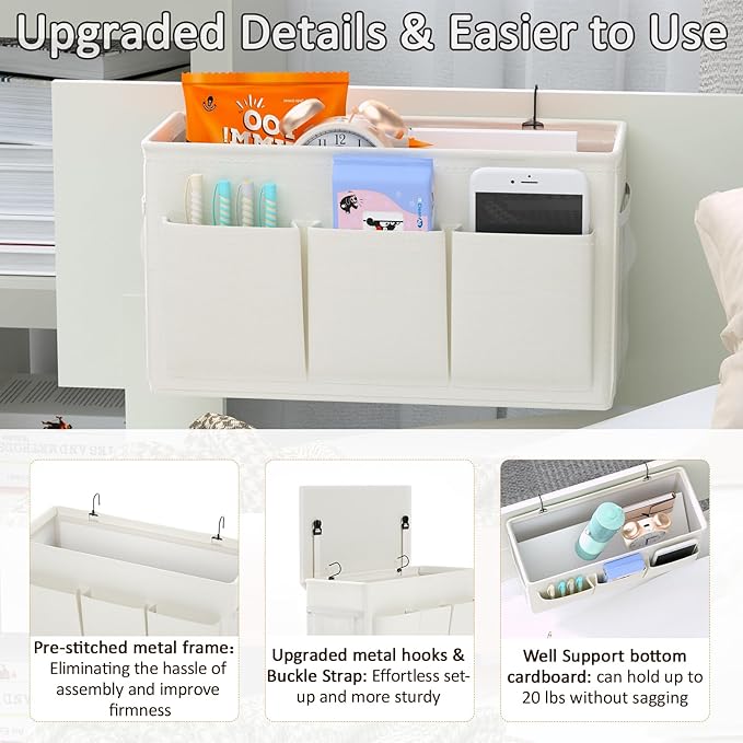 Edudif Dual-purpose Bedside Caddy Bedside Organizer, Bed Caddy with 6 Pockets, Versatile Bedside Storage Solution Magazine Remotes holder, ideal for Home, Dorm, Hospital, Crib Bed (White 2pcs)