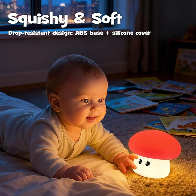 Squishy Big Eyes Mushroom Night Light with RGB Mode 3 Brightness Adjustable Nursery Breastfeeding Nightlight Cute LED Red Mushroom Lamp Rechargeable Silicone Touch Bedside Lamp for Bedroom Dorm Decor