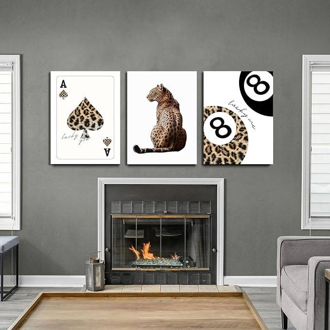 Trendy Leopard Canvas Wall Art Set of 3 - Cheetah Prints Wall Decor Pictures, Funky Lucky You 8 Ball Poster Preppy Aesthetic Paintings, for Girls Bedroom Dorm Apartment 16x24 inch Framed