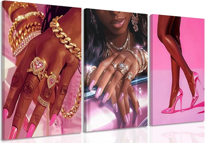 Pink Fashion Black Girl Canvas Wall Art Set of 3 African American Black Woman Posters Wall Decor Fashion Black Woman Pictures Prints for Living Room Bedroom Artwork Home Decoration 16x24Inch Framed