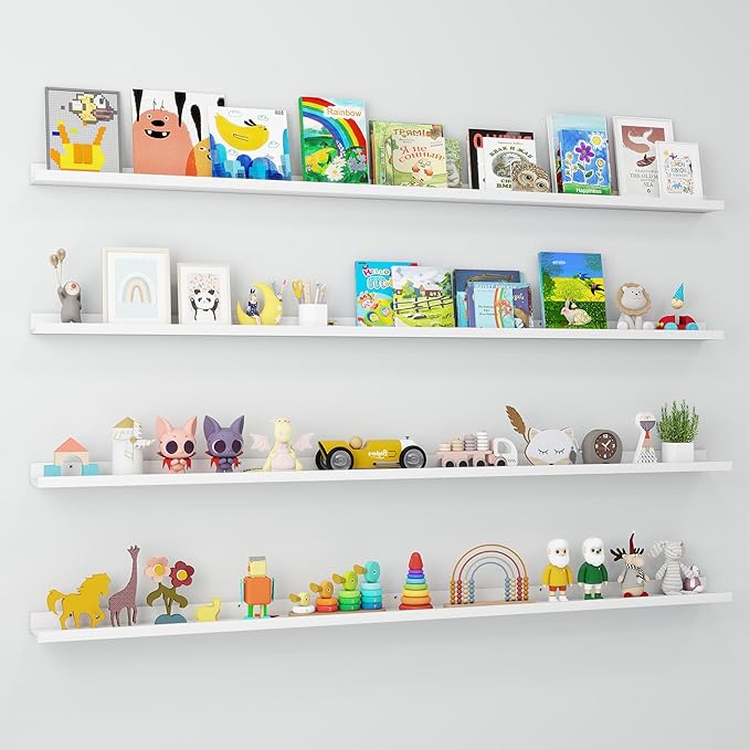 Axeman 72 Inch Floating Shelves | White Picture Ledge Shelf Set of 4 | Rustic Wood Wall Shelves with Lip | 72" White Picture Shelves for Wall with Ledge | Photo Shelves