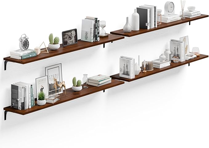 12 Inch Deep Floating Shelves Set of 4, 60 Inch Extra Long Walnut Solid Wood Wall Shelves, 5ft Heavy Duty Farmhouse Wall Mounted Shelving for Kitchen, Living Room & Bedroom