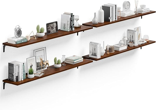 12 Inch Deep Floating Shelves Set of 4, 60 Inch Extra Long Walnut Solid Wood Wall Shelves, 5ft Heavy Duty Farmhouse Wall Mounted Shelving for Kitchen, Living Room & Bedroom