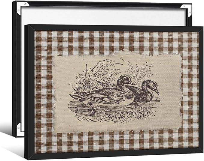 Nature Duck Animal Poster Vintage Brown Gingham Canvas Wall Art Rustic Cottagecore Pond Prints for Country Farmhouse Wall Decor 08x10 inch Aluminum Framed