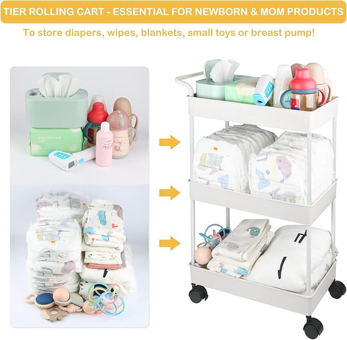 Volnamal Baby Diaper Caddy, Plastic Movable Cart for Newborn Nursery Essentials Diaper Storage Caddy Organizer for Changing Table & Crib, Easy to Assemble, Beige