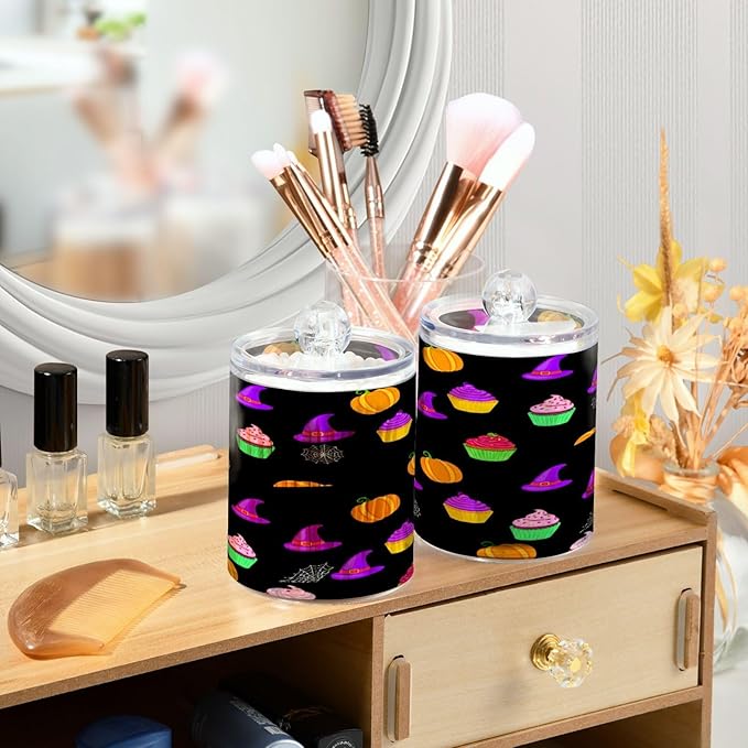 Nander 2Pack Halloween Colored Cake Qtip Holder Dispenser -Clear Plastic Apothecary Jars Set - Restroom Bathroom Makeup Organizers Containers for Cotton Swab, Ball, Pads, Floss