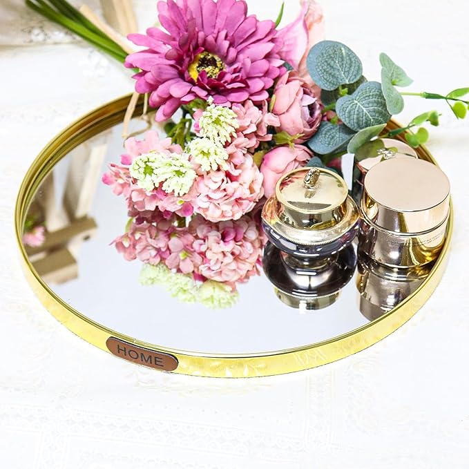 Luxury Mirrored Decorative Tray, Round Glass Mirror Vanity Tray for Perfume and Jewelry Display, Modern Makeup Storage Organizer for Dresser, Bathroom, Coffee Table, Kitchen Counter