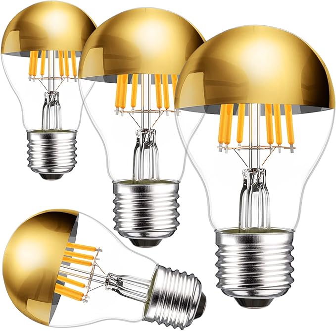 Half Chrome Light Bulb, Gold Tipped Light Bulbs Dimmable, 6W (60 Watt Equivalent), A19 A Shape Decorative LED Bulbs, 2700K Warm White, Filament LED Edison Bulb, E26 Base, Pack of 4
