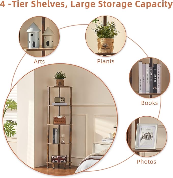 YUFAM 5-Tier Corner Shelf with Sturdy 5-Leg Base, 52in Tall Narrow Bookcase for Small Spaces, Wooden Plant Display Shelf, Thin Bookshelf for Living Room, Bedroom, Office, Brown