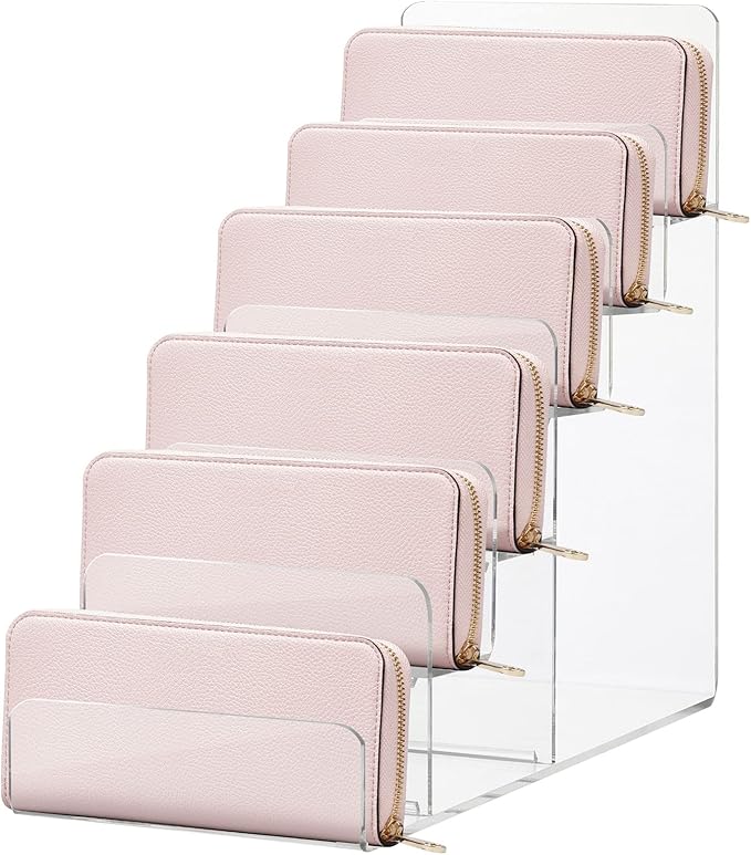DOITOOL 6-Tier Wallet Display Stand Acrylic Shelf Riser Purse Greeting Card Display Stand Clear Jewelry Riser Perfume Sunglasses Handbag Organizer Rack