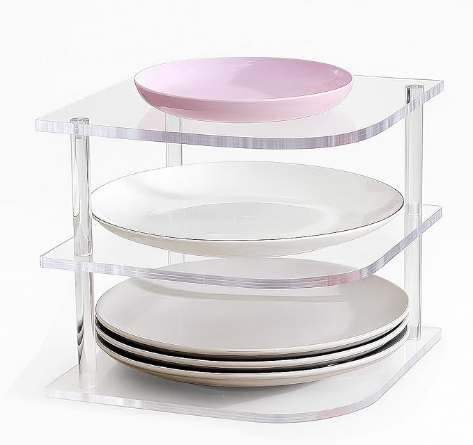 Vicenpal 3-Tier Plate Organizer for Cabinet, Clear Acrylic Corner Shelf for Dishes Bowls, Corner Rack for Kitchen Counter, Bathroom Storage, 10" D x 10" W x 8.82" H