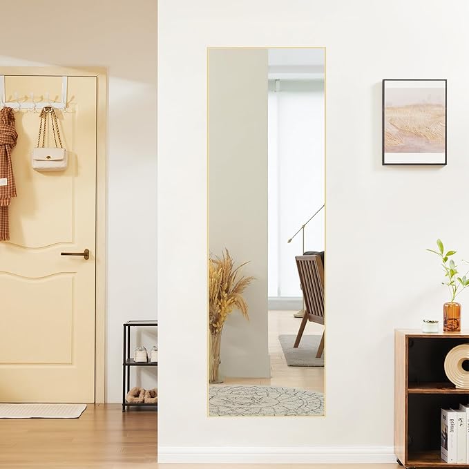 DUMOS 16"x59" Full Length Mirror with Stand, Floor Standing Aluminum Frame, Shatter-Proof Nano Glass for Bedroom, Living Room, Cloakroom – Modern Simple Home Decor,Can Be Hanging or Leaning, Gold