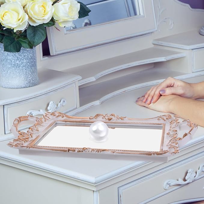 Artibetter European Gold Mirror Vanity Tray Decorative Jewelry Holder Makeup Organizer for Dresser Countertop Storage Accessories