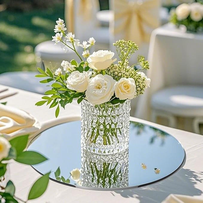12PCS Round Mirror Tiles for Centerpieces, Mirror Trays Flat 8inch Circle Mirrors for Tables Mirror Centerpieces, Circle Mirror Candle Plates for Table Centerpieces Wedding Party Centerpieces